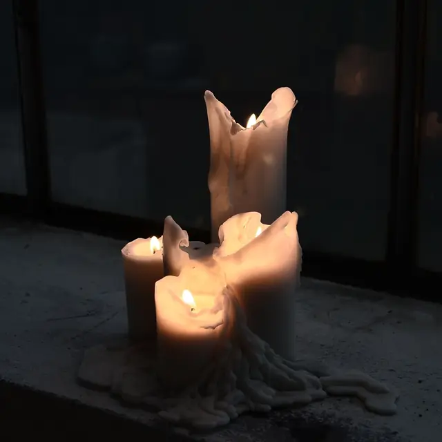 A group of lit beeswax pillar candles with melted wax